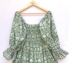 cotton green leaf floral block printed women's maxi dress - square neckline with elastic sleeves