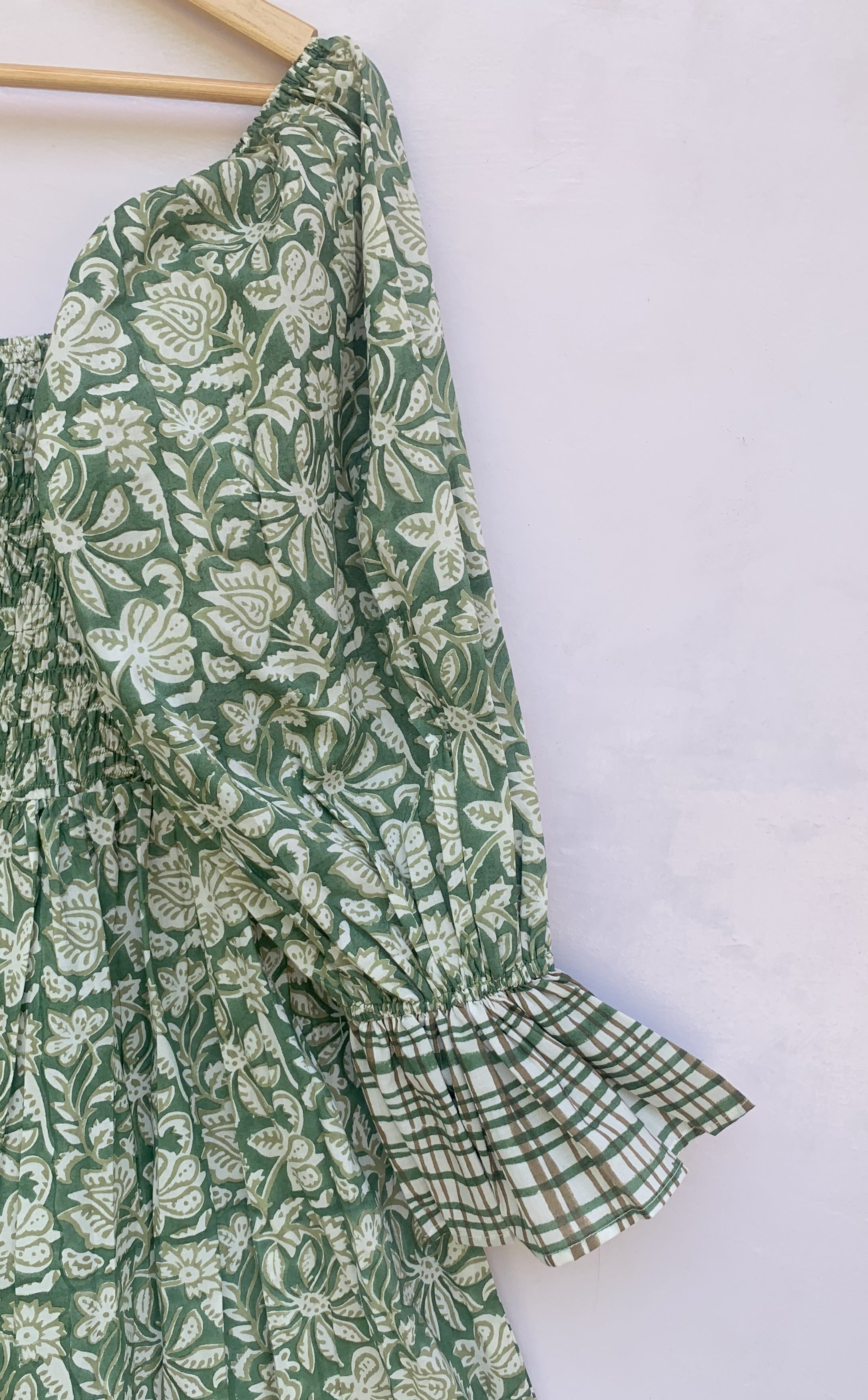 cotton green leaf floral block printed women's maxi dress - square neckline with elastic sleeves