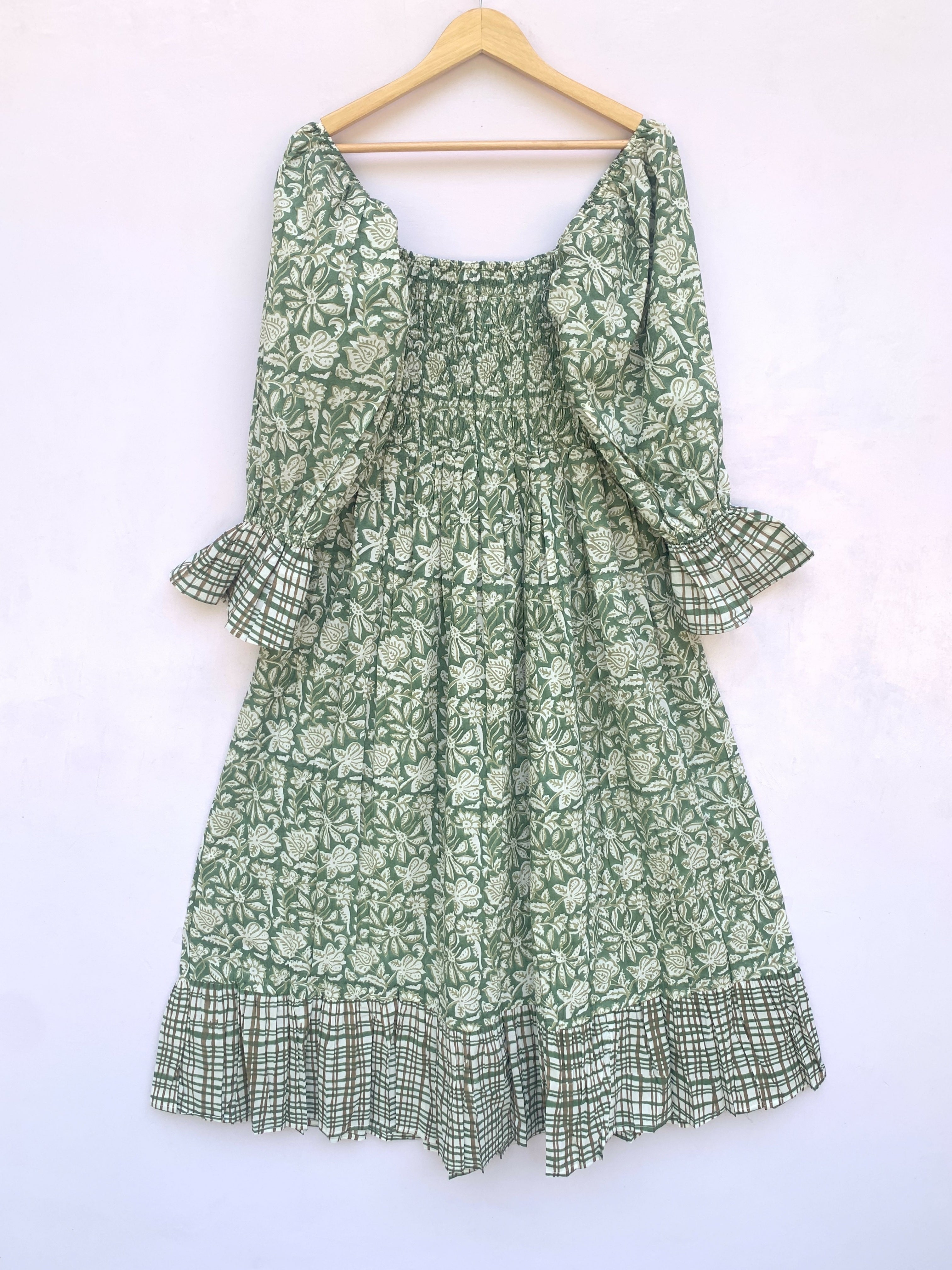 cotton green leaf floral block printed women's maxi dress - square neckline with elastic sleeves