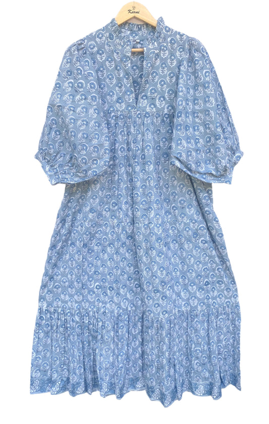 stylish cotton blue floral pattern printed women's maxi dress - frill collar with belt long dress - 3/4th sleeve boho dress