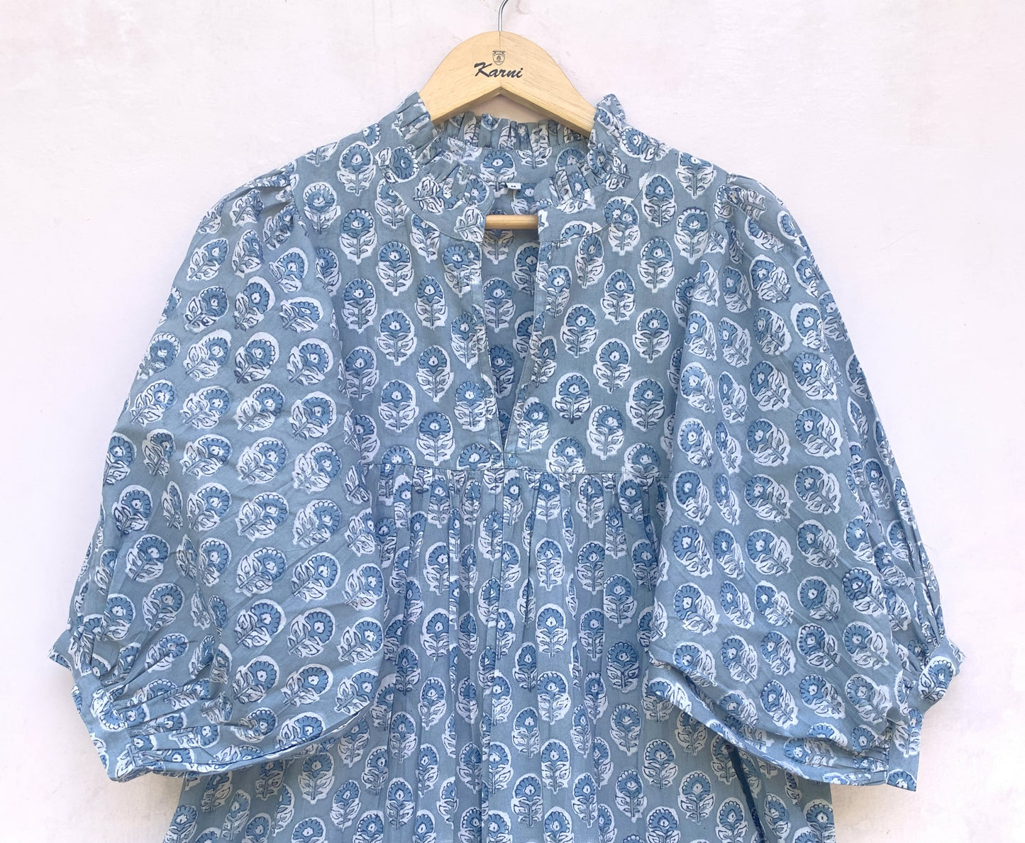 stylish cotton blue floral pattern printed women's maxi dress - frill collar with belt long dress - 3/4th sleeve boho dress