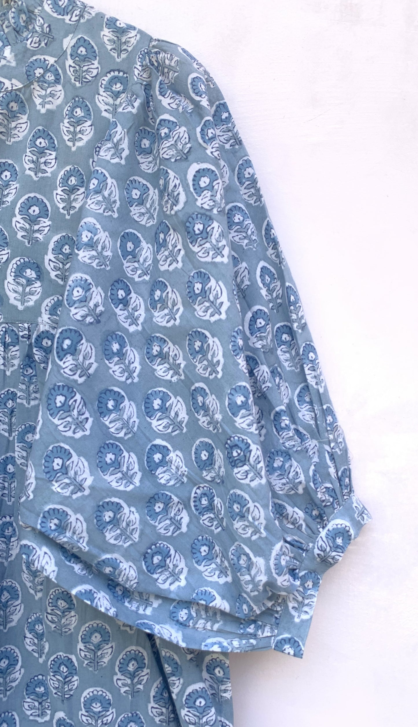 stylish cotton blue floral pattern printed women's maxi dress - frill collar with belt long dress - 3/4th sleeve boho dress