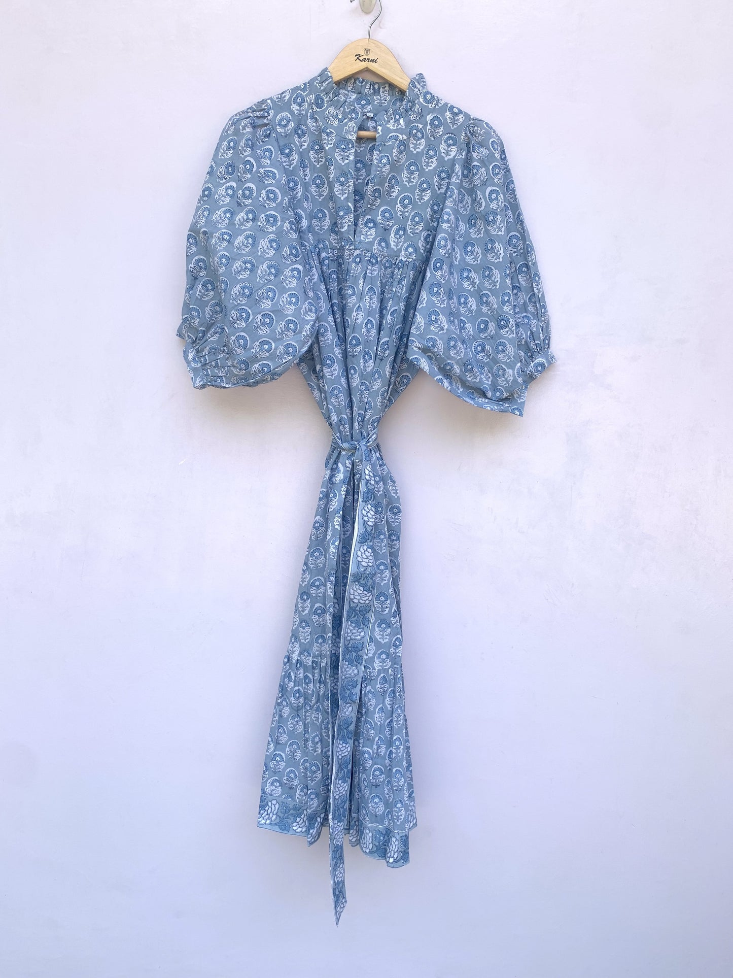 stylish cotton blue floral pattern printed women's maxi dress - frill collar with belt long dress - 3/4th sleeve boho dress