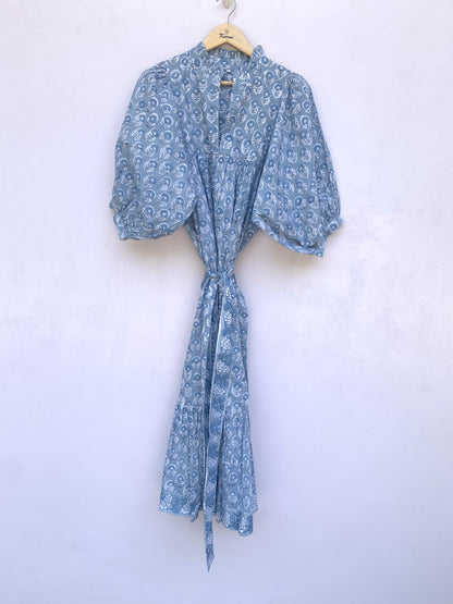stylish cotton blue floral pattern printed women's maxi dress - frill collar with belt long dress - 3/4th sleeve boho dress