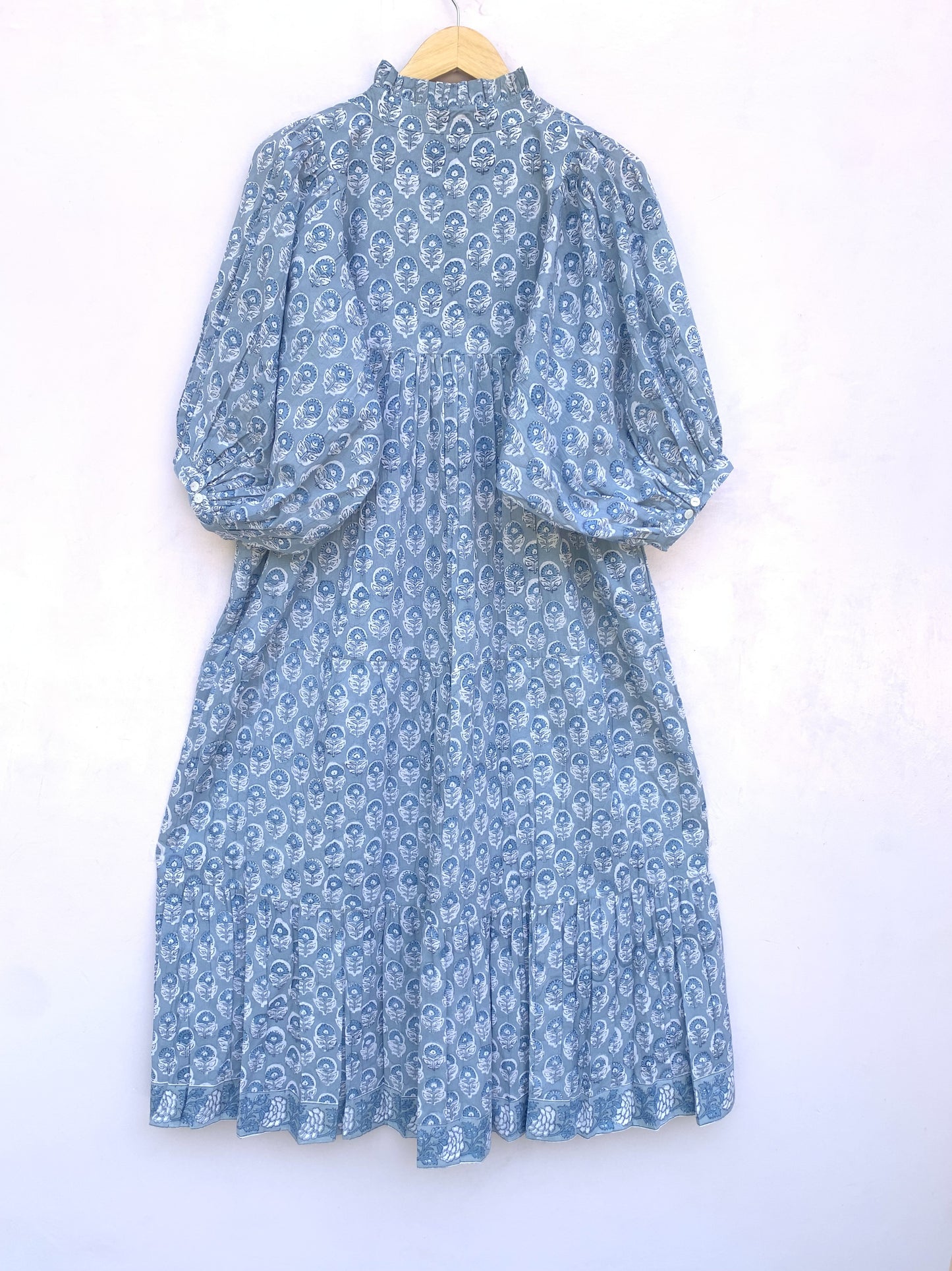 stylish cotton blue floral pattern printed women's maxi dress - frill collar with belt long dress - 3/4th sleeve boho dress