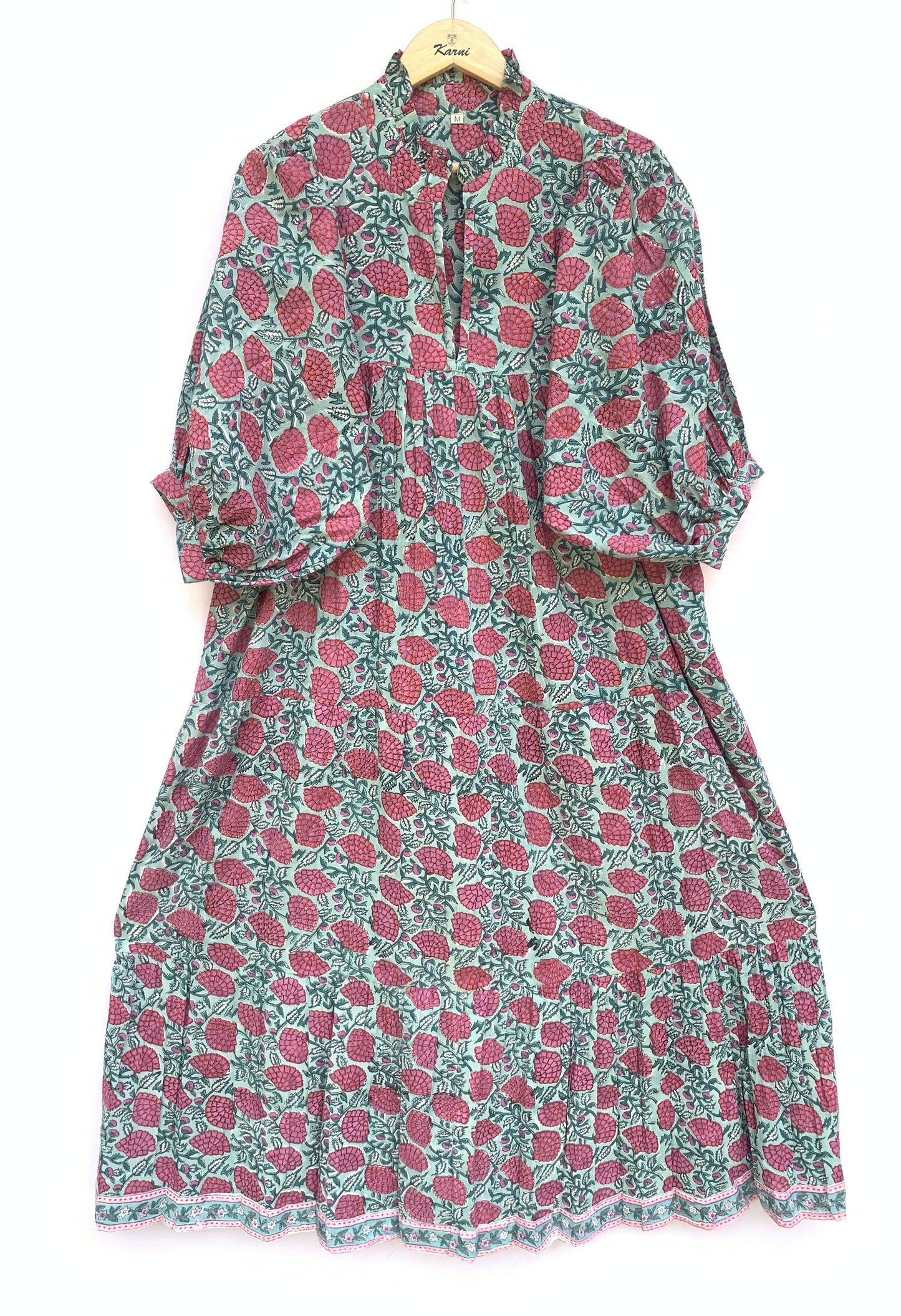 red-green floral block printed women's maxi dress - frill collar with belt cotton long dress - 3/4th sleeves boho dress