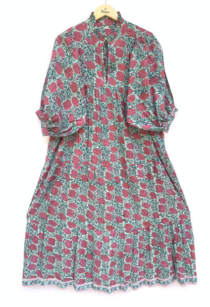 red-green floral block printed women's maxi dress - frill collar with belt cotton long dress - 3/4th sleeves boho dress