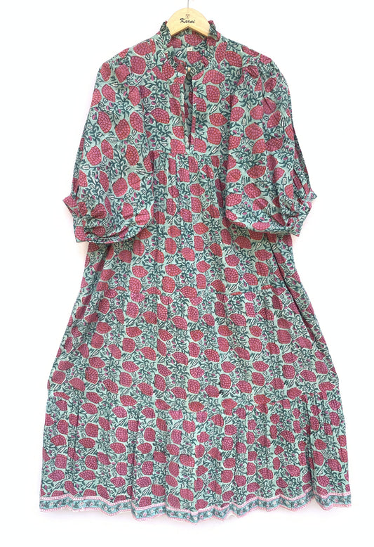 red-green floral block printed women's maxi dress - frill collar with belt cotton long dress - 3/4th sleeves boho dress