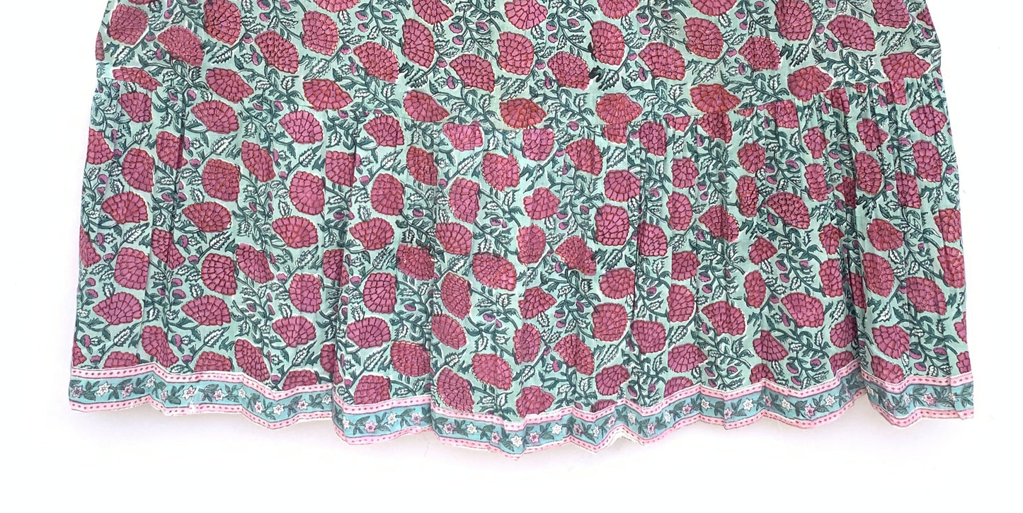 red-green floral block printed women's maxi dress - frill collar with belt cotton long dress - 3/4th sleeves boho dress