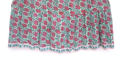 red-green floral block printed women's maxi dress - frill collar with belt cotton long dress - 3/4th sleeves boho dress