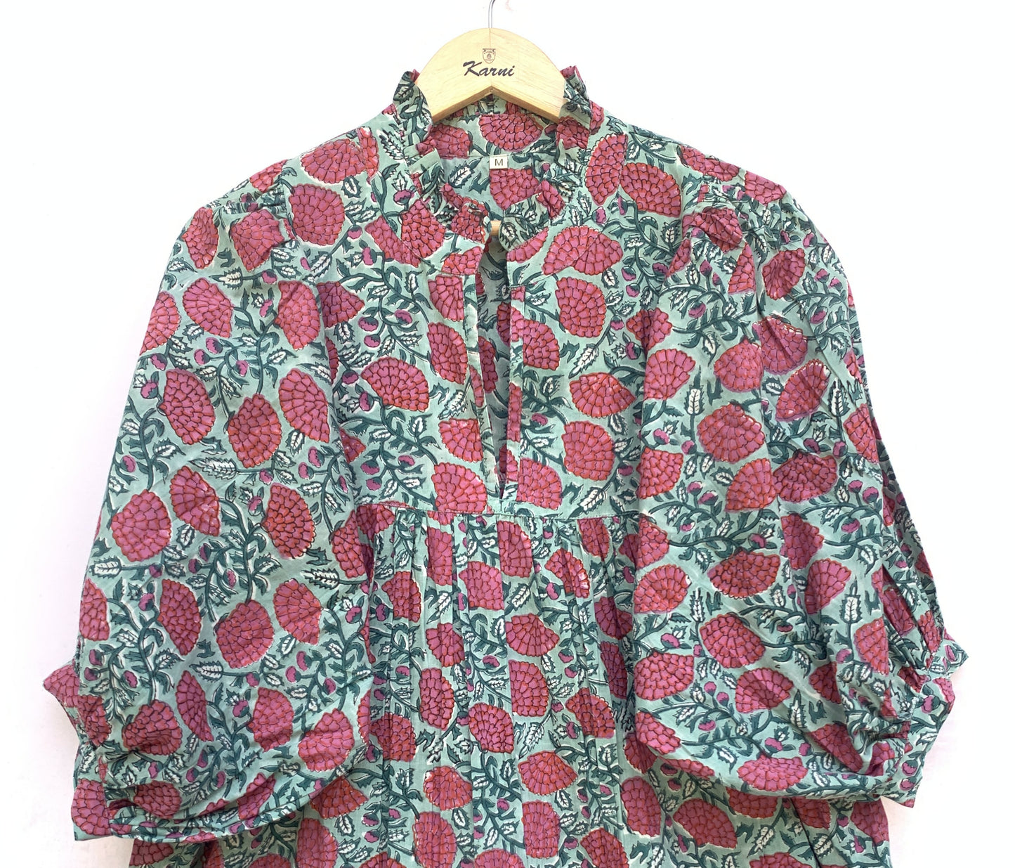 red-green floral block printed women's maxi dress - frill collar with belt cotton long dress - 3/4th sleeves boho dress