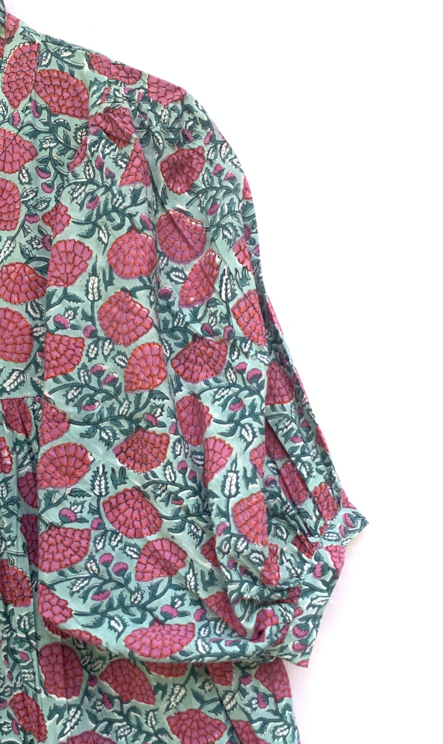 red-green floral block printed women's maxi dress - frill collar with belt cotton long dress - 3/4th sleeves boho dress