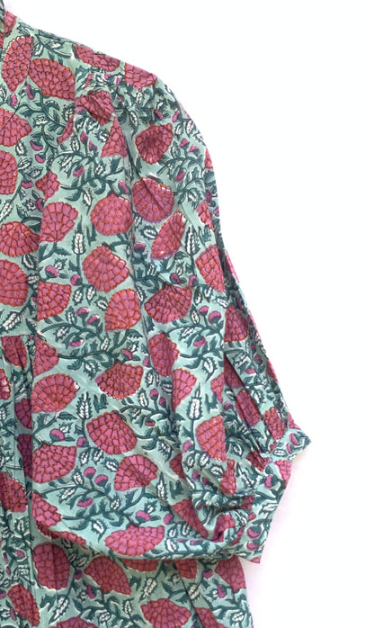 red-green floral block printed women's maxi dress - frill collar with belt cotton long dress - 3/4th sleeves boho dress