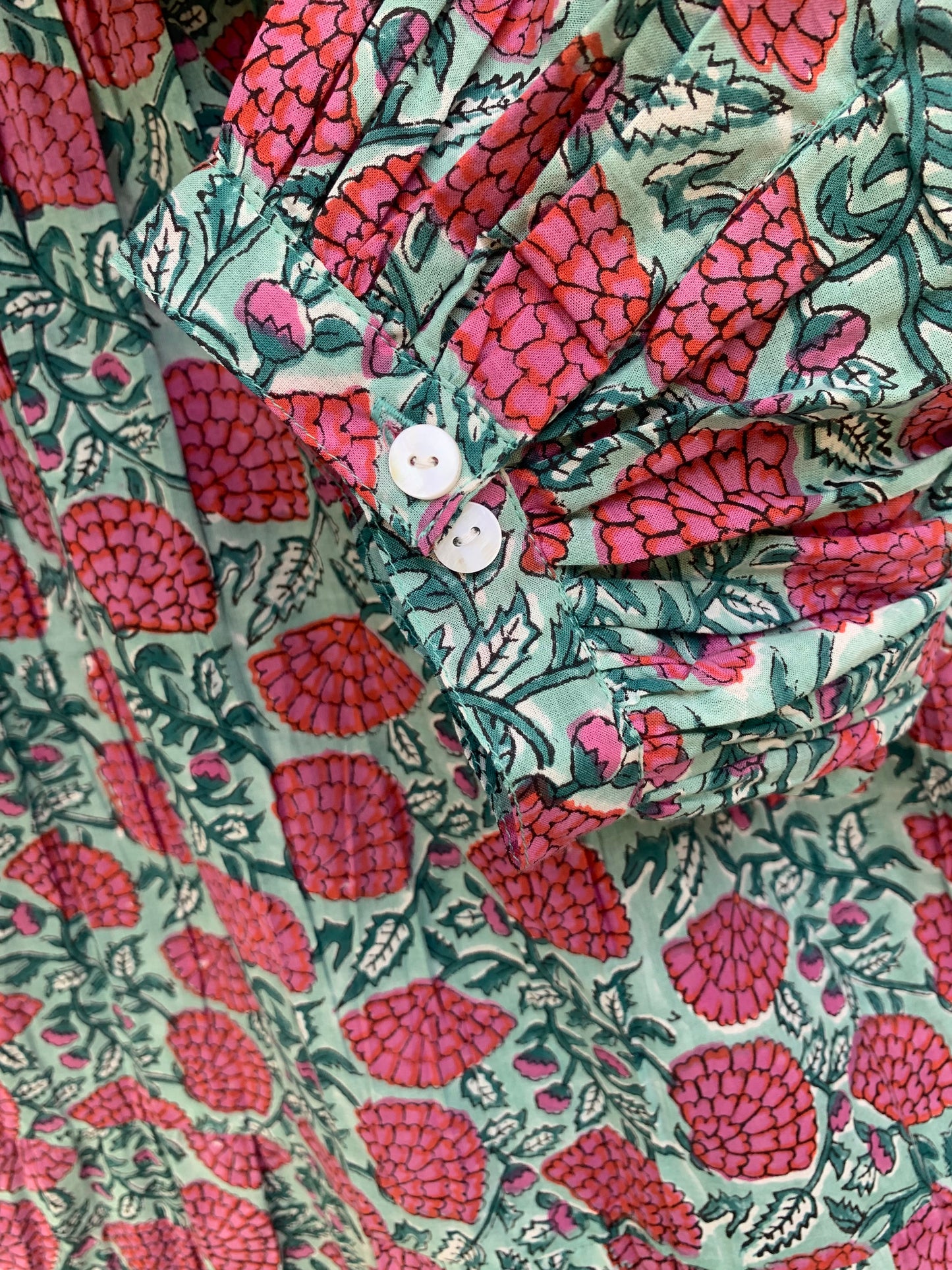 red-green floral block printed women's maxi dress - frill collar with belt cotton long dress - 3/4th sleeves boho dress