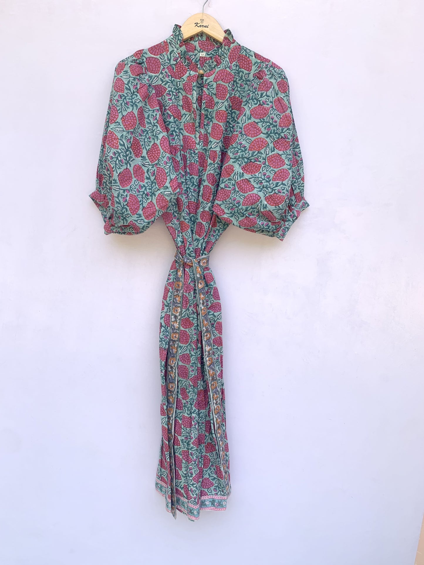 red-green floral block printed women's maxi dress - frill collar with belt cotton long dress - 3/4th sleeves boho dress