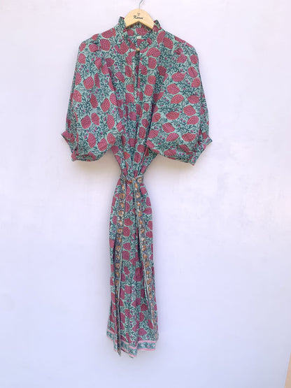 red-green floral block printed women's maxi dress - frill collar with belt cotton long dress - 3/4th sleeves boho dress
