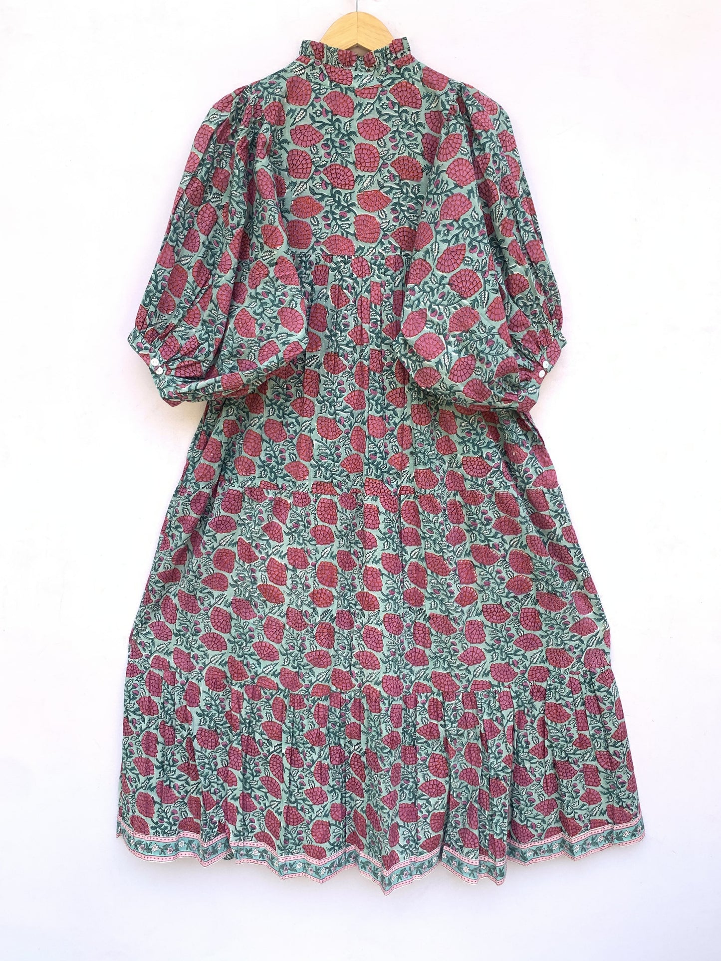 red-green floral block printed women's maxi dress - frill collar with belt cotton long dress - 3/4th sleeves boho dress