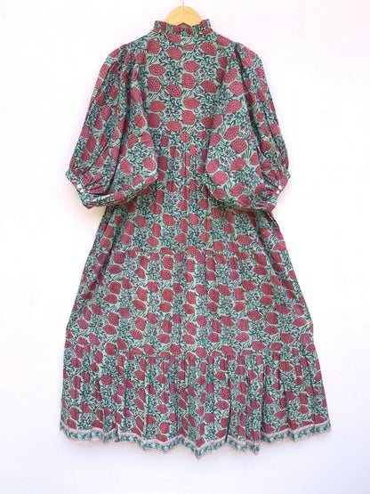 red-green floral block printed women's maxi dress - frill collar with belt cotton long dress - 3/4th sleeves boho dress