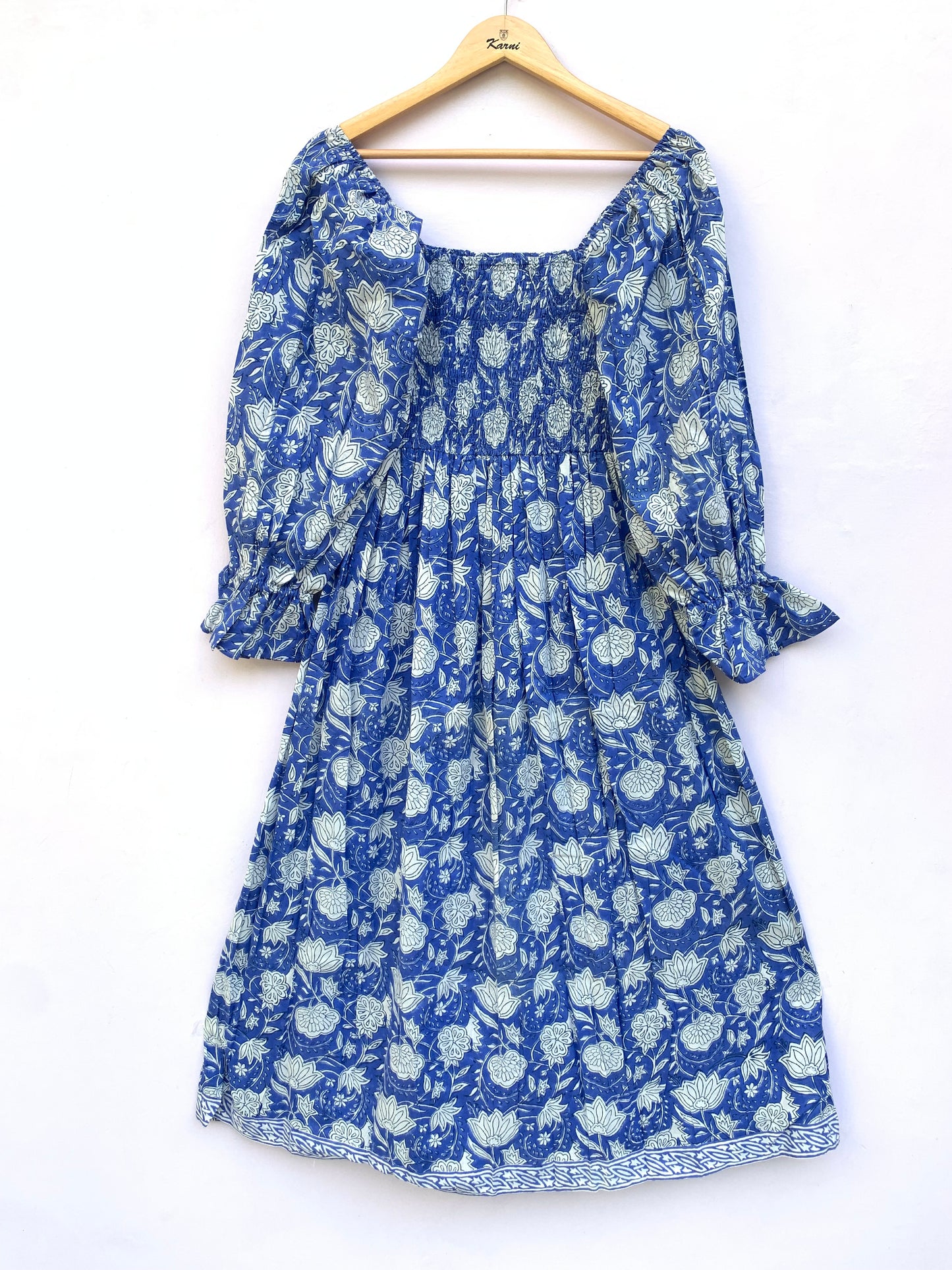 Blue Floral Hand Block Printed Cotton Dress – Smocked Bodice Boho Midi Dress with Puff Sleeves