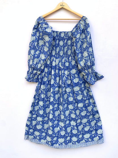 Blue Floral Hand Block Printed Cotton Dress – Smocked Bodice Boho Midi Dress with Puff Sleeves