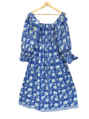 cotton blue floral hand block printed women's maxi dress - frill collar with belt boho long dress