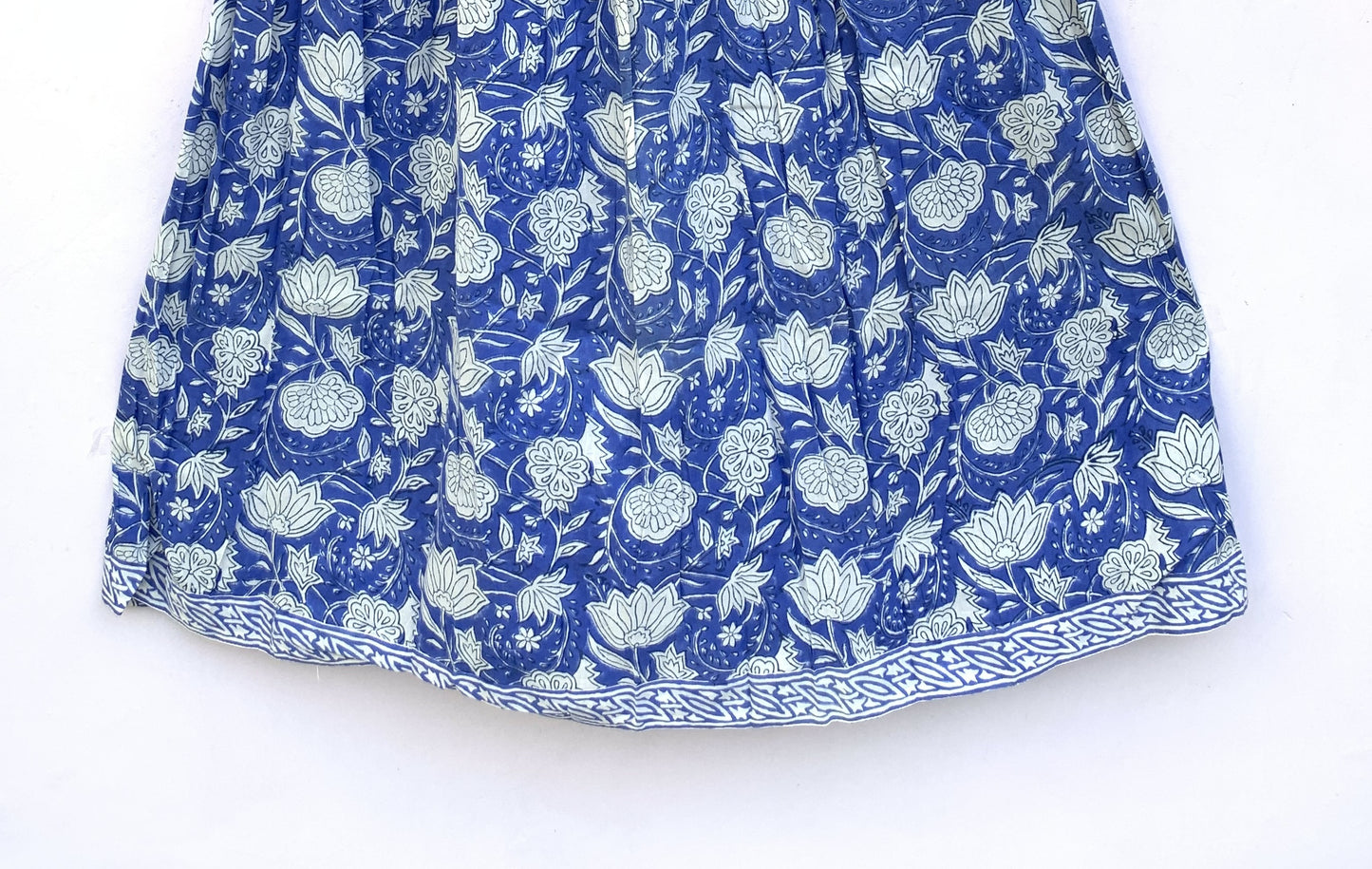 Blue Floral Hand Block Printed Cotton Dress – Smocked Bodice Boho Midi Dress with Puff Sleeves