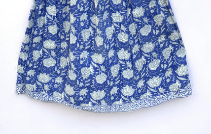 Blue Floral Hand Block Printed Cotton Dress – Smocked Bodice Boho Midi Dress with Puff Sleeves