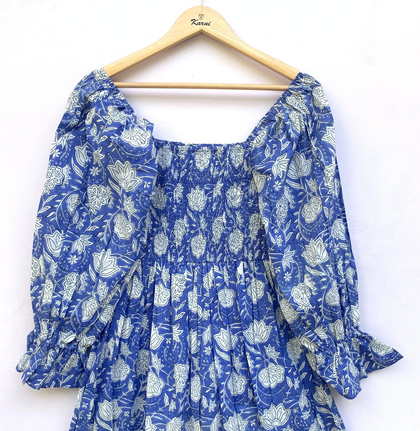 Blue Floral Hand Block Printed Cotton Dress – Smocked Bodice Boho Midi Dress with Puff Sleeves