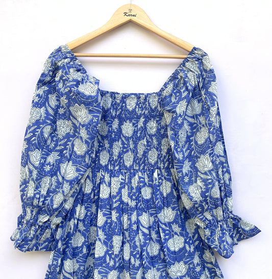 Blue Floral Hand Block Printed Cotton Dress – Smocked Bodice Boho Midi Dress with Puff Sleeves