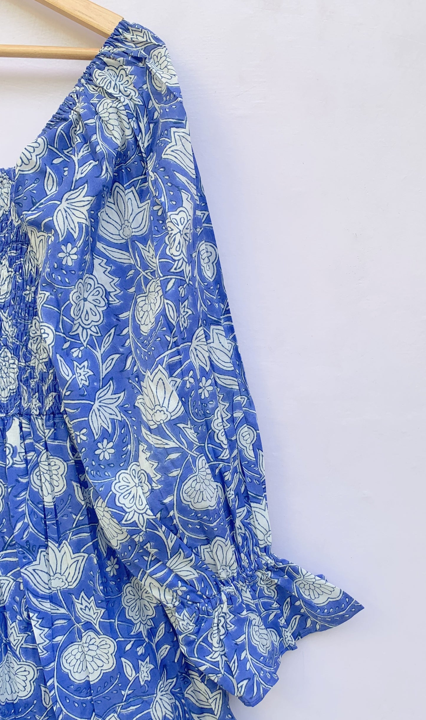 Blue Floral Hand Block Printed Cotton Dress – Smocked Bodice Boho Midi Dress with Puff Sleeves