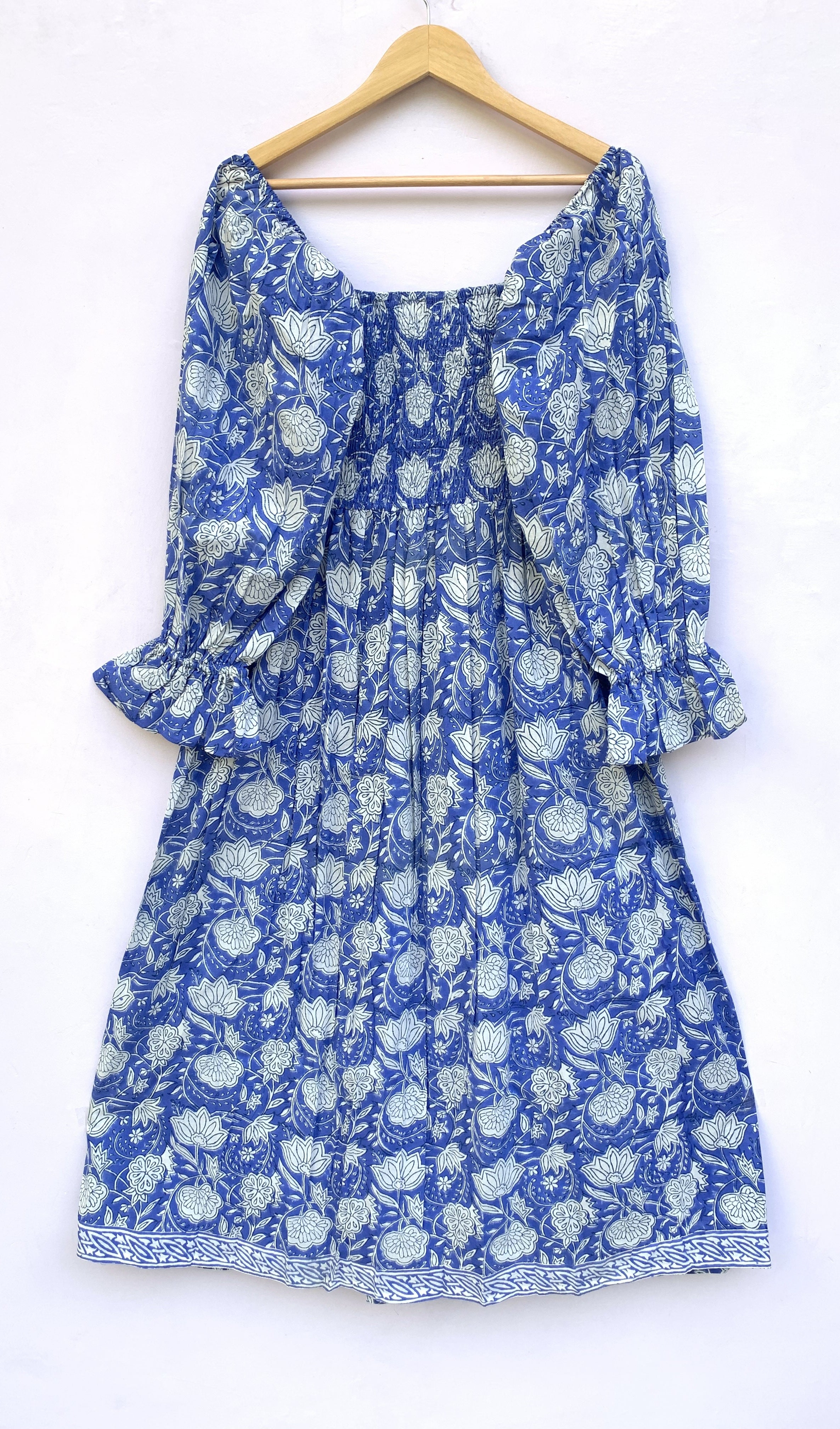 cotton blue floral hand block printed women's maxi dress - frill collar with belt boho long dress