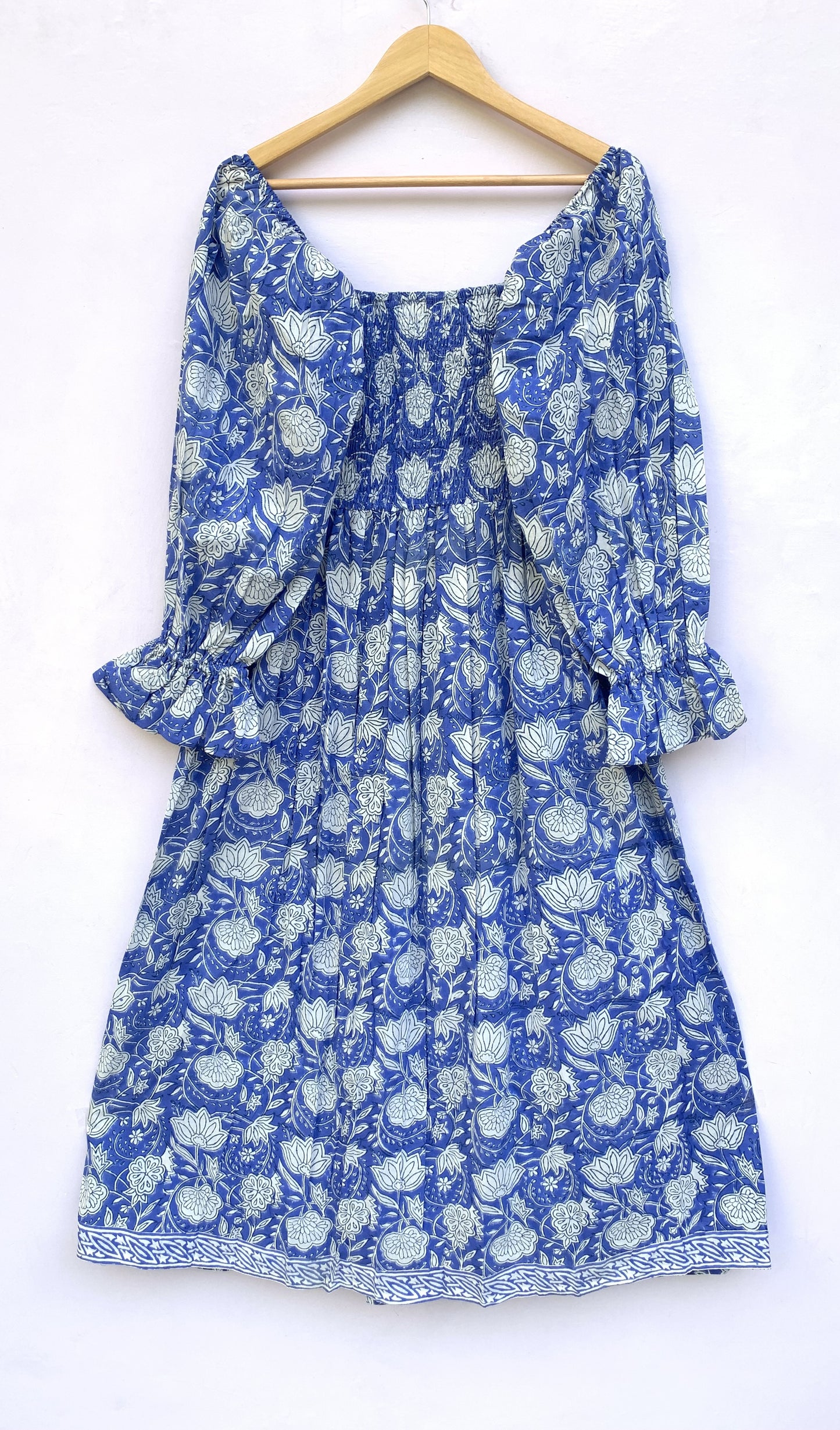 Blue Floral Hand Block Printed Cotton Dress – Smocked Bodice Boho Midi Dress with Puff Sleeves