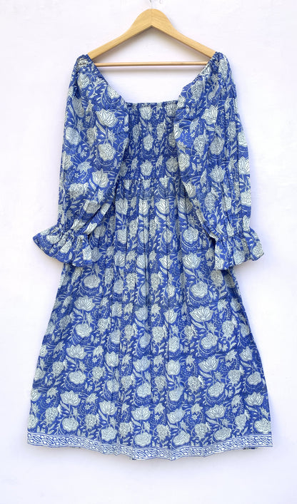 Blue Floral Hand Block Printed Cotton Dress – Smocked Bodice Boho Midi Dress with Puff Sleeves