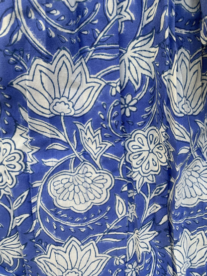 Blue Floral Hand Block Printed Cotton Dress – Smocked Bodice Boho Midi Dress with Puff Sleeves