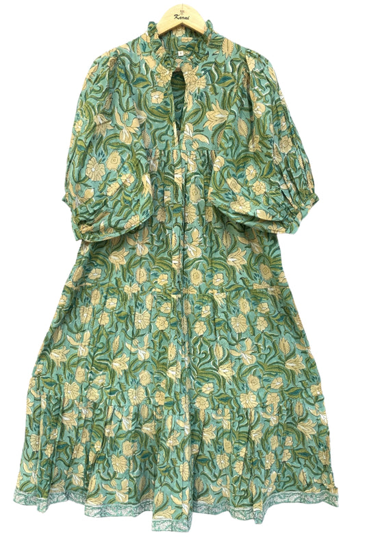 green-yellow floral block printed women's maxi dress - frill collar with belt cotton dress - 3/4th sleeves boho dress