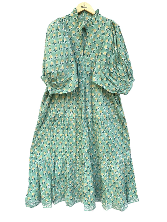 indian green floral pattern printed women's maxi dress - frill collar with belt cotton maxi dress - 3/4th sleeves boho dress