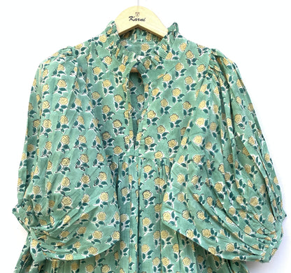 indian green floral pattern printed women's maxi dress - frill collar with belt cotton maxi dress - 3/4th sleeves boho dress