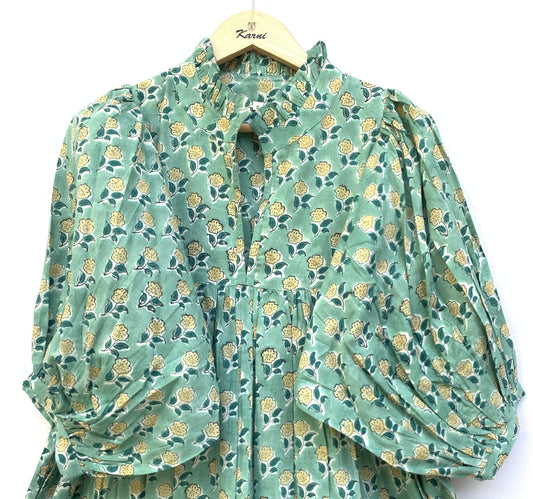 indian green floral pattern printed women's maxi dress - frill collar with belt cotton maxi dress - 3/4th sleeves boho dress