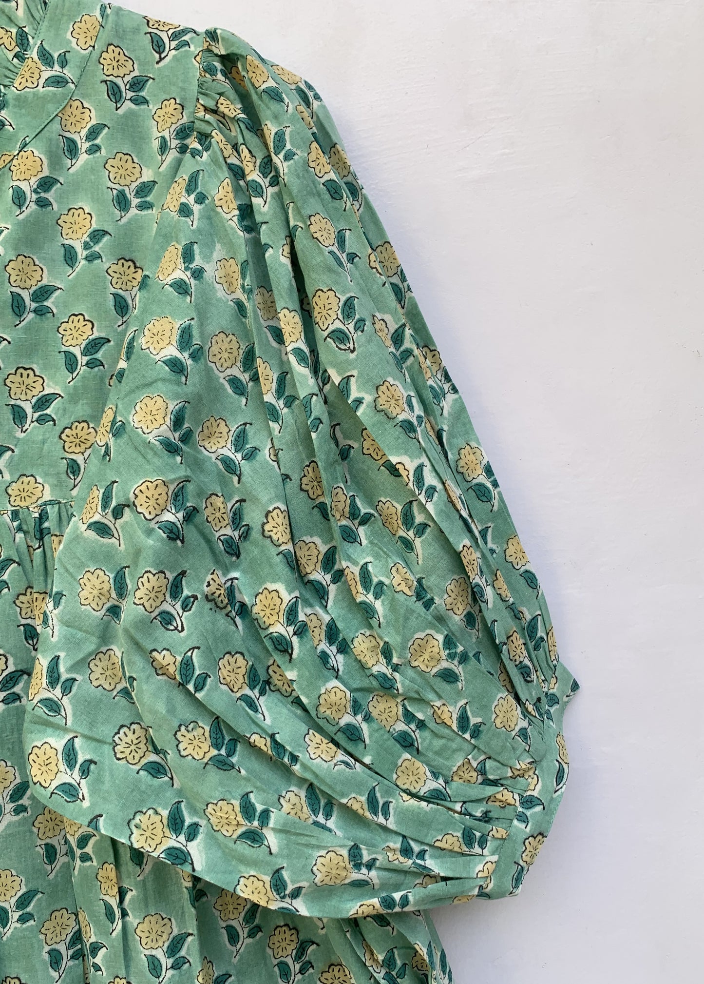 indian green floral pattern printed women's maxi dress - frill collar with belt cotton maxi dress - 3/4th sleeves boho dress
