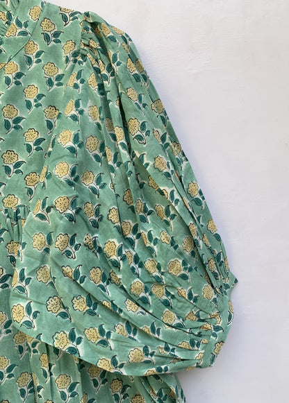indian green floral pattern printed women's maxi dress - frill collar with belt cotton maxi dress - 3/4th sleeves boho dress