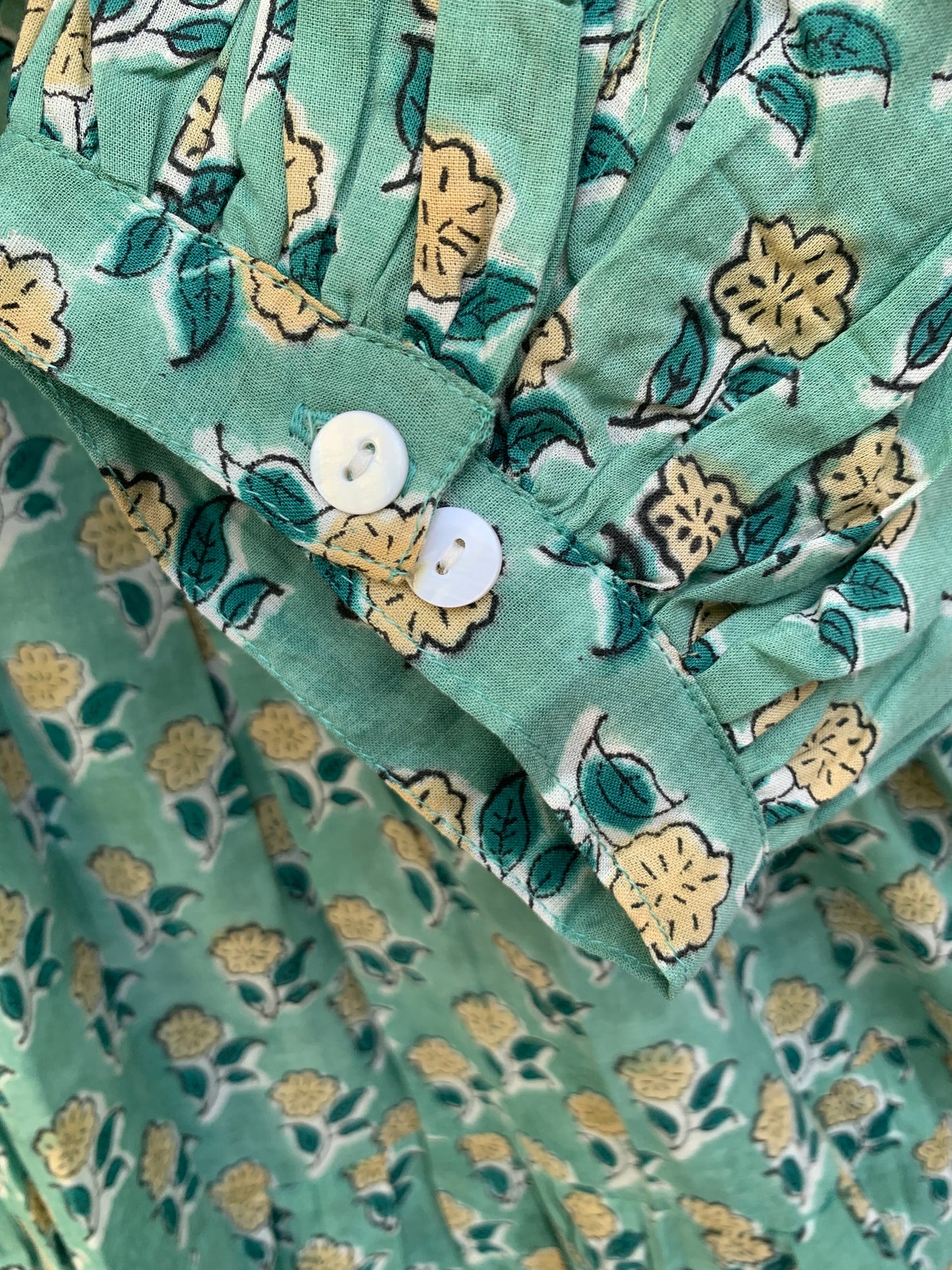 indian green floral pattern printed women's maxi dress - frill collar with belt cotton maxi dress - 3/4th sleeves boho dress