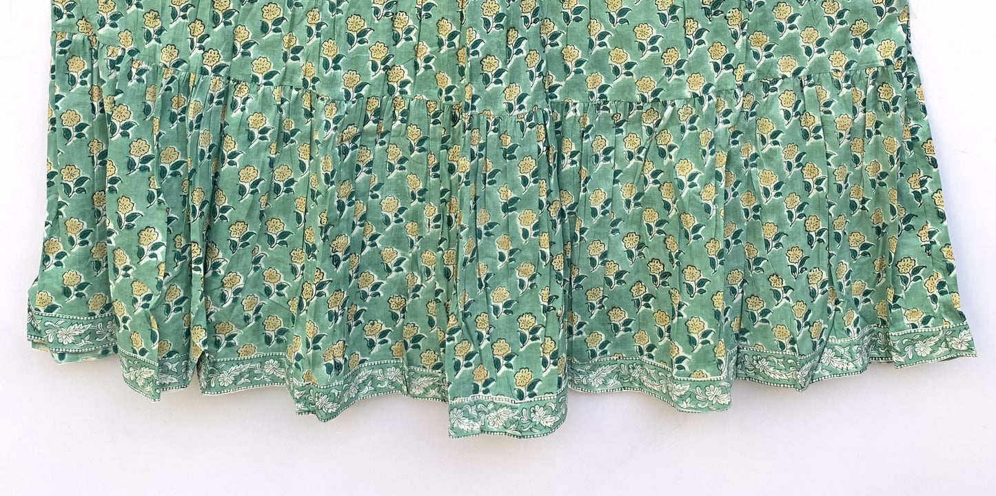 indian green floral pattern printed women's maxi dress - frill collar with belt cotton maxi dress - 3/4th sleeves boho dress