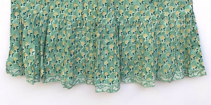 indian green floral pattern printed women's maxi dress - frill collar with belt cotton maxi dress - 3/4th sleeves boho dress