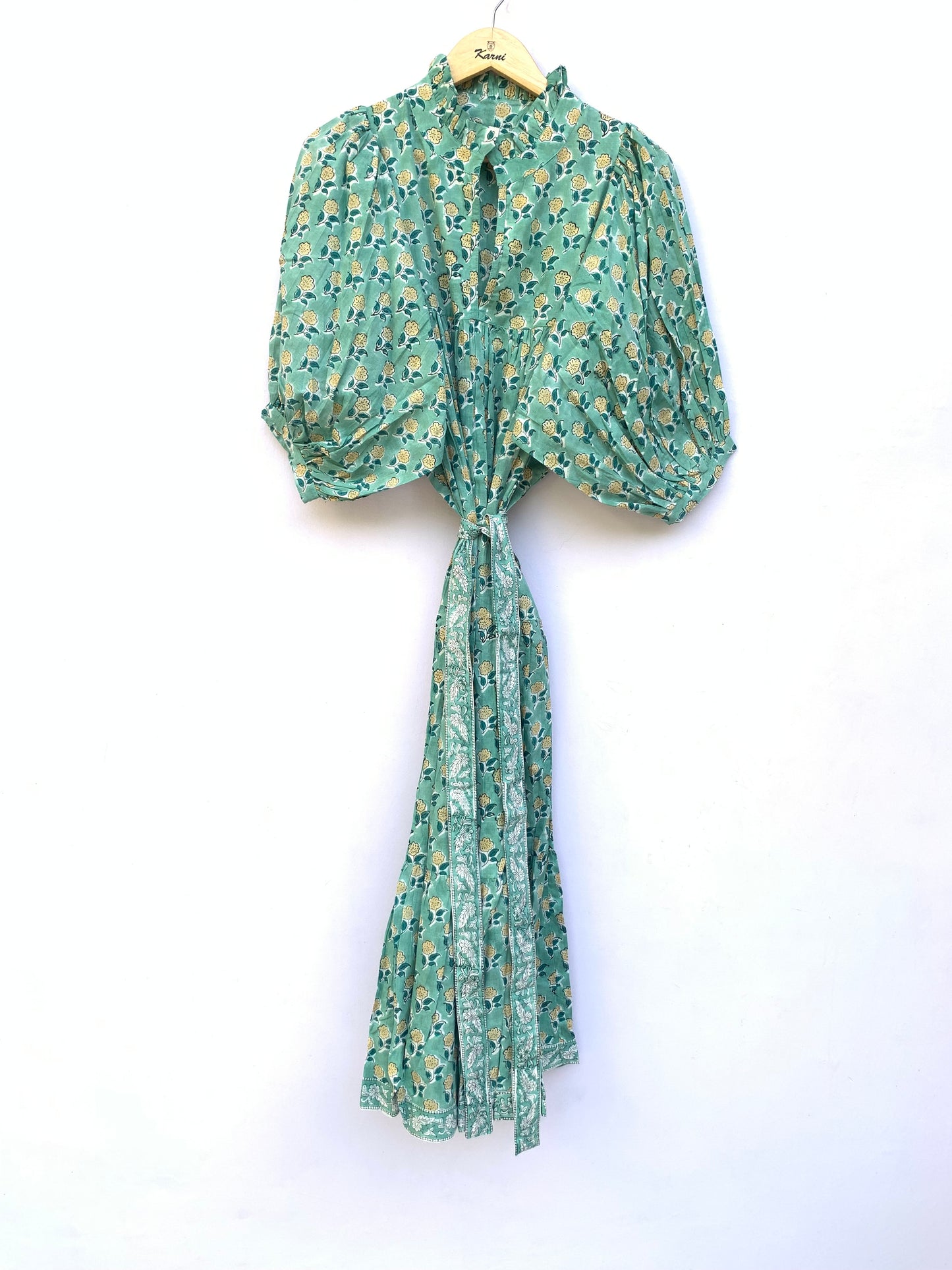 indian green floral pattern printed women's maxi dress - frill collar with belt cotton maxi dress - 3/4th sleeves boho dress