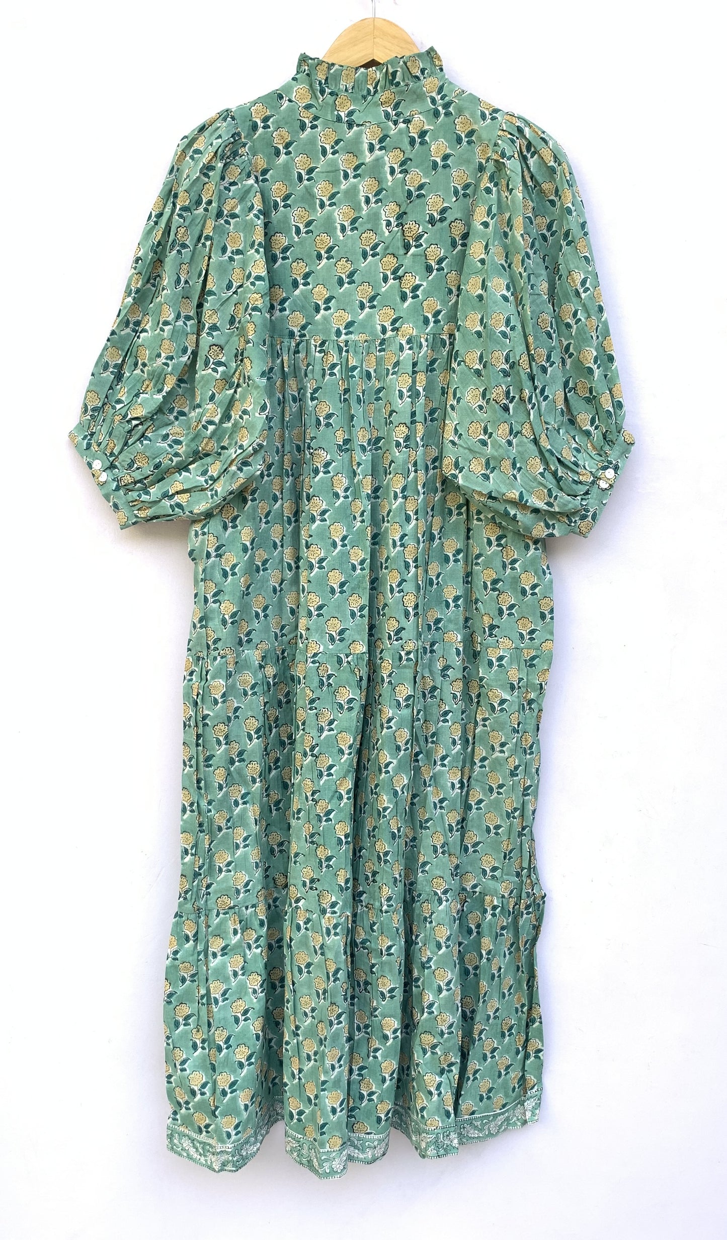 indian green floral pattern printed women's maxi dress - frill collar with belt cotton maxi dress - 3/4th sleeves boho dress