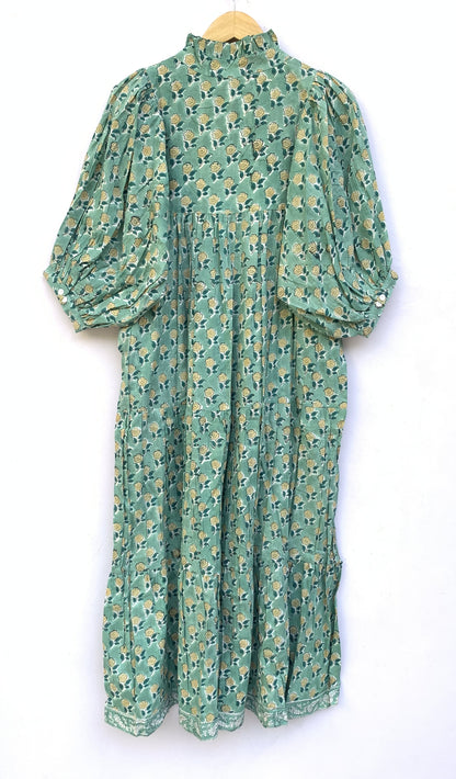 indian green floral pattern printed women's maxi dress - frill collar with belt cotton maxi dress - 3/4th sleeves boho dress