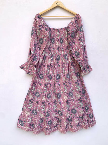 Dusty Rose Floral Hand Block Printed Cotton Dress – Smocked Bodice Boho Midi Dress with Puff Sleeves