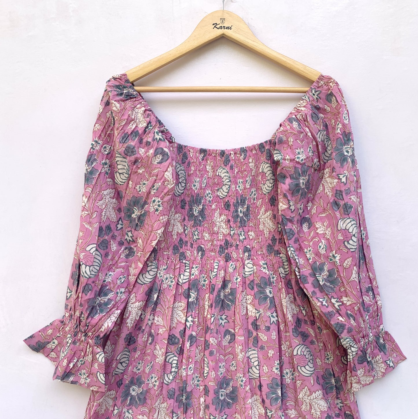 Dusty Rose Floral Hand Block Printed Cotton Dress – Smocked Bodice Boho Midi Dress with Puff Sleeves