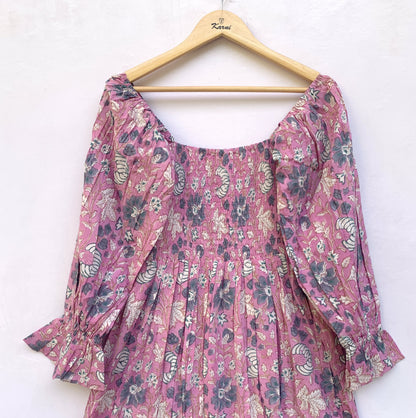 Dusty Rose Floral Hand Block Printed Cotton Dress – Smocked Bodice Boho Midi Dress with Puff Sleeves