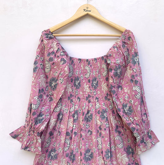 Dusty Rose Floral Hand Block Printed Cotton Dress – Smocked Bodice Boho Midi Dress with Puff Sleeves